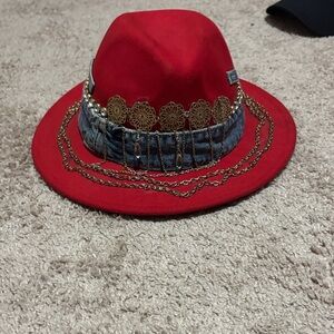 Red Fedora Hat with Gold Chain Accents